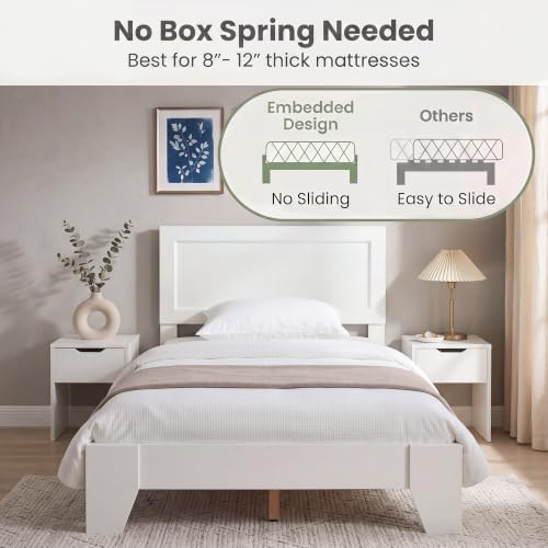 Image of GIANTEX Twin Size Wooden Bed Frame with Headboard, Wood Slat Support | Modern Platform Bed with Heavy Duty Mattress Foundation, Under-Bed Storage, No Box Spring Needed, Easy Assembly (White)