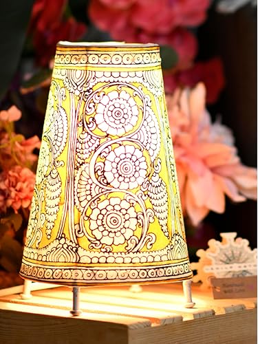 SHILP KATHA Handicraft Leather Incandescent Lamps for Home Decoration Handmade Side Table Desk Lamp for Bedroom,Designer Lamp Shade for Living Room Home Decor,Decorative Flowers - (9 inch), Yellow