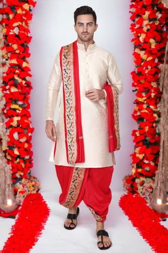 Image of Rameshwaram Fabrics Mens Ready to Wear Silk Dhoti with Angwastra Set - Pocket Dhothi