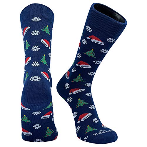 PEAR SOX Holiday Christmas Santa Trees Crew Socks Navy (Youth)