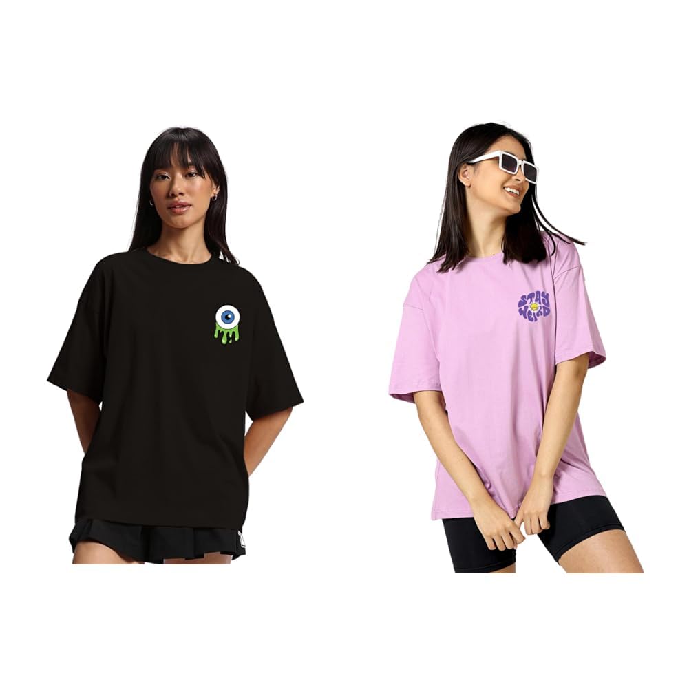 JUNEBERRY® Oversize Loose Baggy Fit Drop Shoulder Cool and Stylish Latest Pocket Print Print Design Multicolor Half Sleeve T-Shirt for Women & Girls Pack of 2