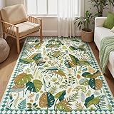 Anidaroel Green Botanical Area Rugs 5x7, Washable Leaf Rugs for Living Room, Non-Slip Soft Rug for Bedroom Aesthetic, Stain Resistant Dining Room Mat Accent Floor Carpet for Farmhouse