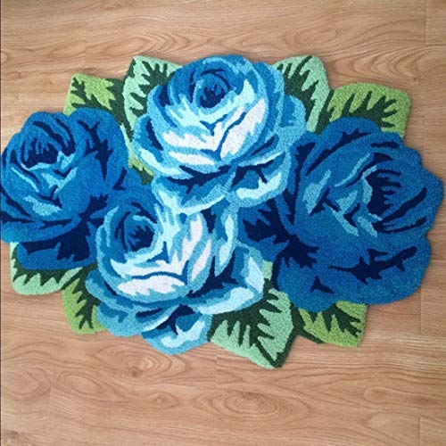 Abreeze 4 Rose Rug Floor Runner Handmade Rug Blue Floral Mats Anti-Slip(Non-Slip) Modern Carpet Washable Floor Mats For Bedroom/Sofa/Bathroom (4 Roses, Blue) #TOP2