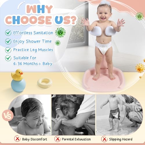 Image of Orzbow Baby Shower Stand, Collapsible Baby Bath Stand with Foldable Chair, Adjustable Height Toddler Shower Standing Support for Infant 6-36 Months, Anti-Slip Base, Easy-Use, Pink