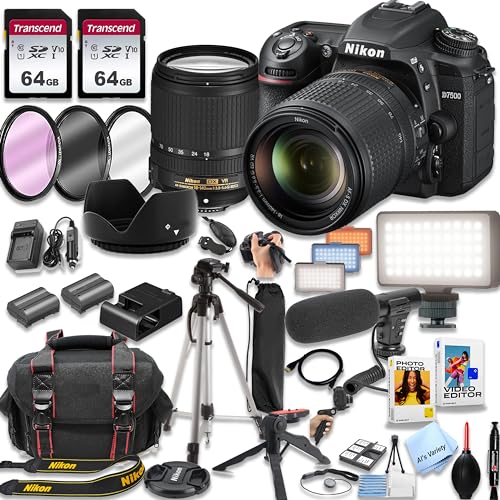 Nikon D7500 DSLR Camera Kit with 18-140mm VR Lens + 128GB Memory, LED Light, Microphone, Spare Battery, Filters, Case, Tripod, and More (45pc Video Bundle), Black (Renewed)