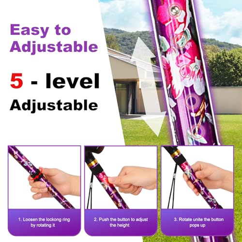 Image of MFE Folding Cane, Portable 5-Level Adjustable Height Walking Stick with Foldable Design, Wrist Strap, and T Handle for Men and Women, Purple Floral
