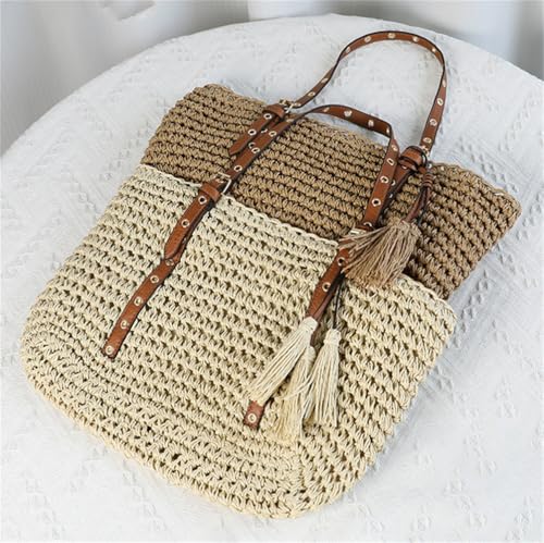 Bolso de hombro tejido de paja con tachas para mujer miniatura 3