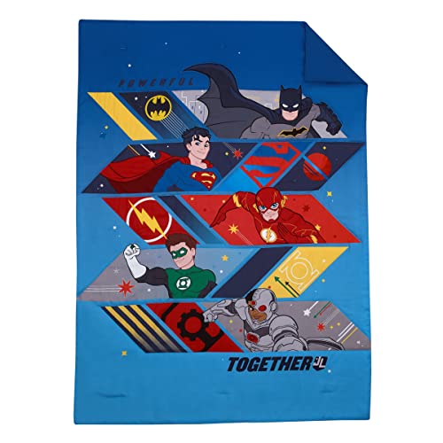 Warner Brothers Justice League Blue, Red, Yellow Powerful Together With Batman, Superman, The Flash, Green Lantern And Cyborg 4 Piece Toddler Bed Set #TOP1