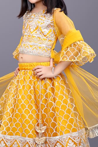 Image of Girl's Princess Lehenga Choli Set - Soft Net, Ribbon Embroidery With Duppata, Readymade