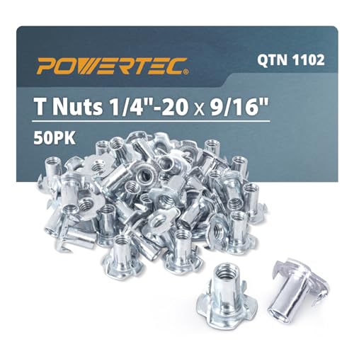 POWERTEC 1/4-20 T Nuts, 50 Pcs | 4 Pronged Tee Nuts for Bolts and Stem Caster Wheels, Threaded Inserts for Wood Working, Rock Climbing Holds and Furniture, For Use with Hammer | 9/16" length (QTN1102)