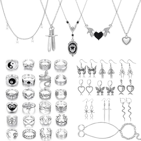 KISS WIFE Metal Punk Goth Horror Jewelry Set for Women, Vintage Silver Necklaces Earrings Knuckle Rings and Chain Bracelet Set, Goth Grunge Y2K Emo Jewelry Sets Party Costume Accessories Gifts Cover