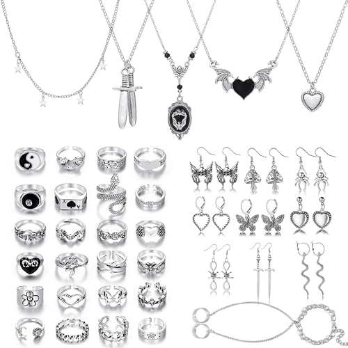 KISS WIFE Metal Punk Goth Horror Jewelry Set for Women, Vintage Silver Necklaces Earrings Rings Chain Bracelet Set, Goth Grunge Y2K Emo Jewelry Sets Party Costume Accessories Gifts