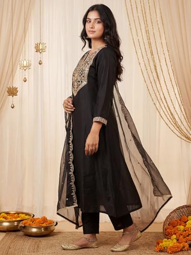 Image of INDO ERA Women's Embroidered Rayon Viscose Straight Kurta Pant with Dupatta Set