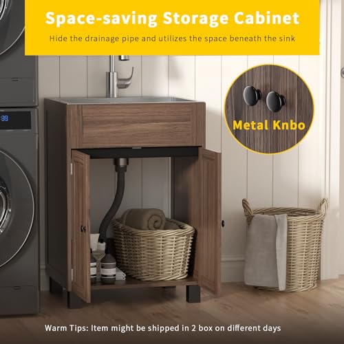 Image of VINGLI 24-Inch Laundry Sink with Cabinet and Pull-Out Sprayer Faucet, Stainless Steel Utility Sink with Cabinet and Drawer Combo, Cabinet with Sink for Laundry & Utility Room, Kitchen, Bathroom, Brown