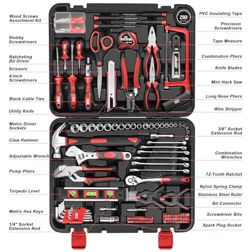 Prostormer 259-Piece Tool Kit, General Household Hand Tool Set with Plastic Storage Toolbox, Portable Complete Repair Tool Box for Home and Car (Red)