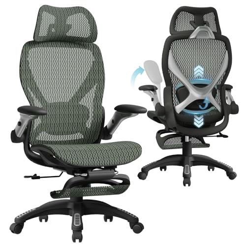 ELABEST X100 Ergonomic Office Chair with Footrest, Big and Tall Home Desk Chair with 5D Flip-Up Arms, Adjustable 3D Lumbar Support,High Back Rolling Computer Chair, Swivel Mesh Chairs (Forest Ranger)