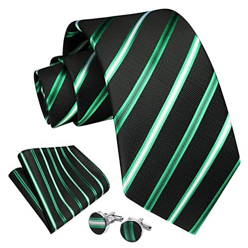 Image of Enlision Mens Ties Stripe Tie and Pocket Square Set Classic Formal Woven Neckties Handkerchief Cufflinks Wedding