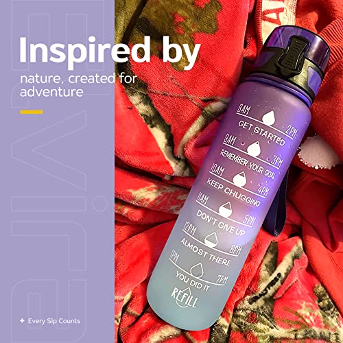Elvira 32Oz Motivational Fitness Sports Water Bottle With Time Marker & Removable Strainer,Fast Flow,Flip Top Leakproof Durable Bpa Free Non-Toxic-Grape/Green Gradient, Tritan #TOP5