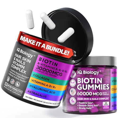 IQ BIOLOGY Biotin Hair Growth Bundle - Biotin Vitamins & Keratin Capsules + Hair Gummies with Collagen & Astragalus - Hair Skin Nails Vitamins for Women & Men | 60 Caps + 60 Gummies