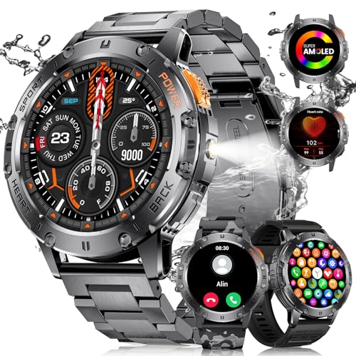 FOXBOX Reloj Inteligente Hombre, 1.43' AMOLED Smartwatch con LED Linterna para Android iOS, IP68 Impermeable, 24H Frecuencia Cardíaca, Llamadas Bluetooth, 300+ Watch Faces,110+ Deportes Smar