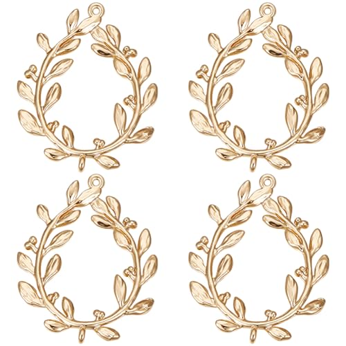 Beebeecraft 10Pcs Olive Branch Charm 18k Gold Plated Oval Circle Frame Leaf Pendant Charm Links Connectors for DIY Jewelry Findings Making Hole 1mm