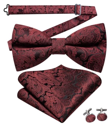 Image of Dubulle Mens Paisley Striped Bowtie Set Pre-tied Bowtie for Men and Pocket Square Set Wedding Business