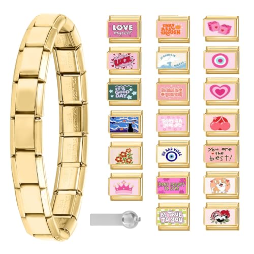 ITingstere Italian Charms Bracelet Gold Glitter 22Pcs Charms Set with 1Pcs Starter Brascelet 9mm Italian Modular Charm Bracelet DIY Module for Women Pink
