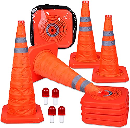 Cartman 4 Pack 27.5 Inch Collapsible Traffic Cones with LED Light, Multi Purpose Pop up Reflective Safety Cones, Pack of 4, Battery Included
