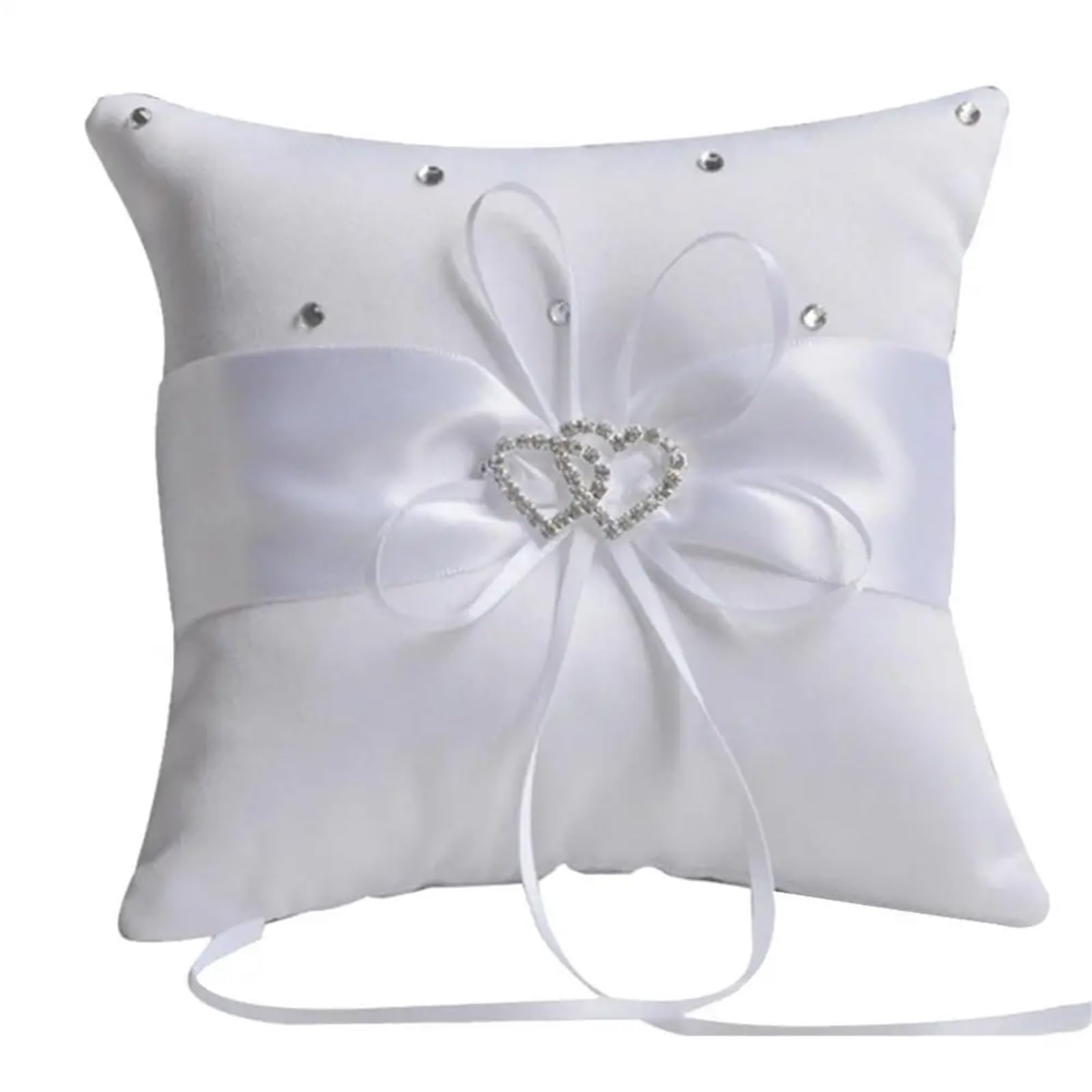 CGRSDSD Ring Bearer Pillow 10x10 Cm Romantic Bridal Wedding Ring Pillow Double Heart Ribbon Cushion Decor Rhinestone Decor For Wedding(White)