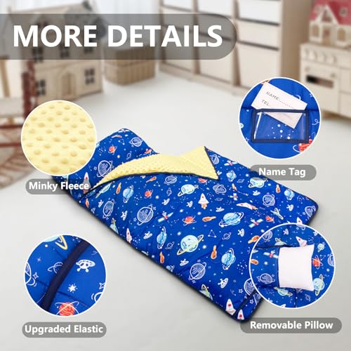 Image of Primlect Thickened Toddler Nap Mat with Removable Pillow and Minky Blanket, Extra Large 55''x35'' Sleeping Bag, Washable, Roll up, Perfect for Daycare, Preschool, Kindergarten, Boys and Girls (Space)