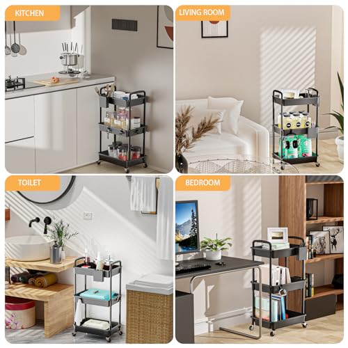 Image of 3 Tier Rolling Utility Cart with Handle,REBECAT Utility Cart Made of Multifunctional Storage Organizer Tool for Kitchen,Bathroom,Living Room,Office(Black)