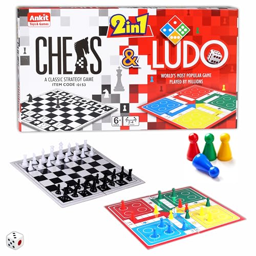 Image of Ankit Toys & Games 2 in 1 Chess and Ludo Board Game (38 x 38 cm) Double Sided Strategy and Family Game Set for Kids and Adults 2 to 4 Players Age 6+ Travel Indoor Board Game with Dice and Pawns