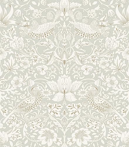 HueBurst 17.7x118in William Morris Wallpaper Peel and Stick Vintage Floral Wallpaper Neutral Strawberry Bird Self Adhesive Contact Paper Waterproof for Bedroom Bathroom Cabinets Drawers Decor