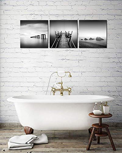 Artsbay 3 Piece Black And White Beach Pier Seascape Canvas Print Stone Wooden Jetty Picture Horizon Landscape Painting Wall Art Decor Framed For Home Office Bedroom Decoration Each Size 12" X 12" #TOP3