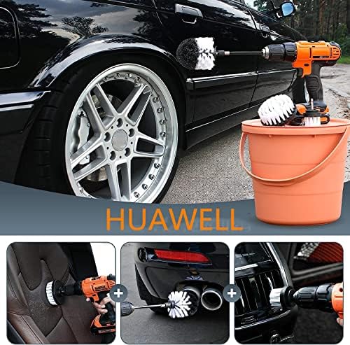 HUAWELL 8 Piece Soft White Drill Brush with Extend Attachment Set-Car Interior Detailing Kit, All Purpose for Car, Boat, Seat, Carpet, Upholstery, Bathroom, Grout, Floor and Tile (White)