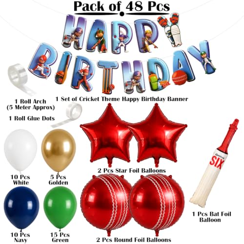 Image of Cricket Theme Birthday Decoration Kit for Boys with Balloon, Happy Birthday Banner, Bat Foil Balloon, Cricket Ball Foils, Scoreboard Props & Party Decor Set.