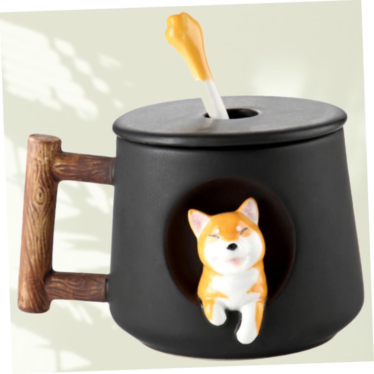 Keramik Dog Mug mit Deckel und Löffel Kreative Lustige Tasse Schwarze Shiba Inu Tasse für Kaffee Tee Saft Sicher und Leicht zu Reinigen für Zuhause und Büro