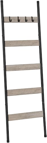 HOOBRO Escalera para mantas, toallero de 5 niveles con ganchos, estante de manta inclinado en la pared, estante de escalera decorativo, bufandas, HOOBRO Escalera para mantas, toallero de 5 niveles con ganchos, estante de manta inclinado en la pared, estante de escalera decorativo, bufandas,