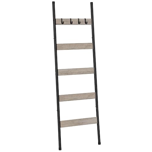 HOOBRO Blanket Ladder, 5-Tier Towel Rack with Hooks, Wall-Leaning Blanket Rack, Decorative Display Ladder Shelf, Scarves, Industrial, Living Room, Bedroom, Greige and Black BG52CJ01 - 17.3"L x 63"W - Greige + Black