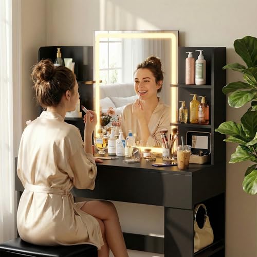 Image of Furmax Vanity Desk with Mirror and LED Lights, Black,No Bench
