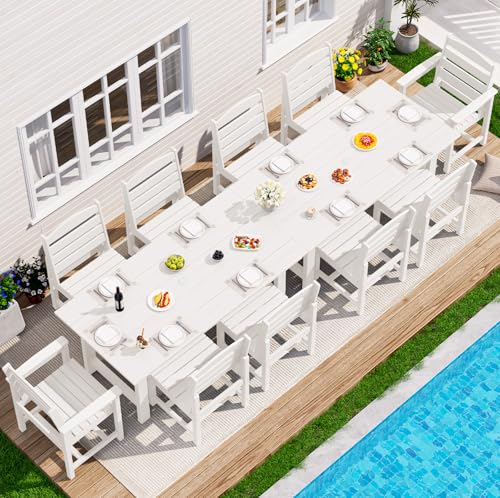 Image of SERWALL Outdoor Dining Sets for 10 Person, HDPE Dining Set with 2 Tables, 8 Armless Chairs and 2 Armed Dining Chairs, White