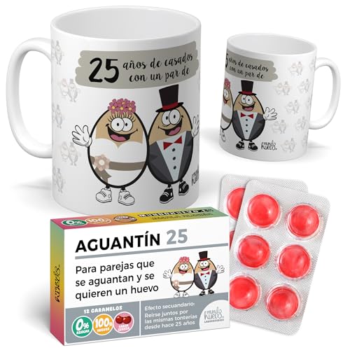Pack 25 Aniversario | Taza “25 Años de Casados con un Par de Huevos” + Caramelos Aguantín 25 | Regalo Original para Bodas de Plata y Parejas con Humor | Regalo Original para Bodas de Plata Pack 25 Aniversario | Taza “25 Años de Casados con un Par de Huevos” + Caramelos Aguantín 25 | Regalo Original para Bodas de Plata y Parejas con Humor | Regalo Original para Bodas de Plata