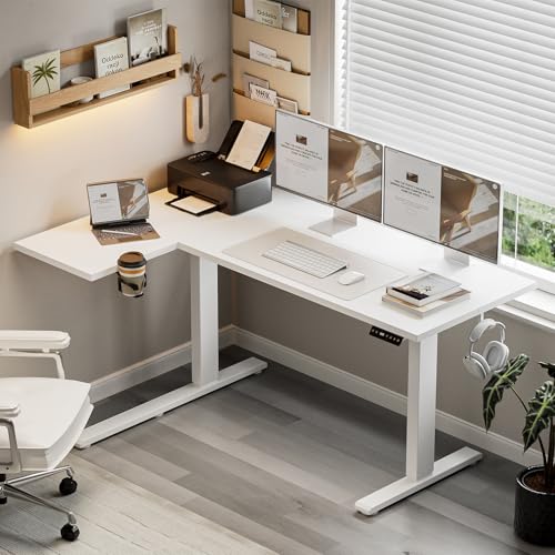 Image of Muvai 71 Inch L Shaped Standing Desk Adjustable Height with Cable Management Tray,Gaming Electric Corner Standing Desk, Sit Stand Computer Table with Reversiable Splice Board, White