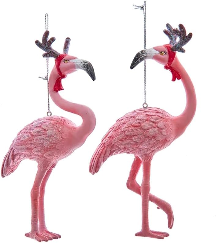 The Bridge CollectionFestive Flamingo Ornaments - Set of 2 - Glittered Flamingos with Reindeer Antlers - Tropical Christmas Tree Ornaments