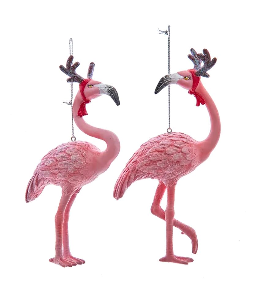 The Bridge CollectionFestive Flamingo Ornaments - Set of 2 - Glittered Flamingos with Reindeer Antlers - Tropical Christmas Tree Ornaments