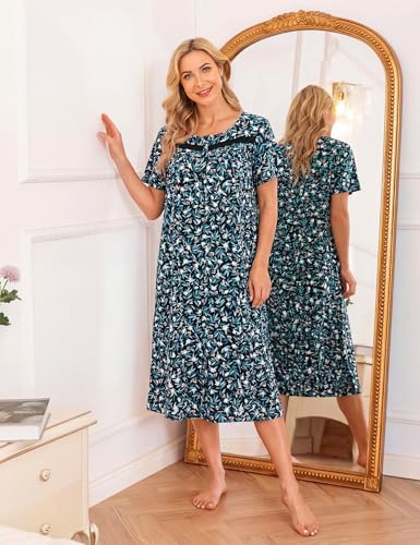 Image of Bloggerlove Nightgowns for Women Soft 100% Cotton House Dress Short /Long Sleeve Night Gowns Comfy Sleepwear S-3XL