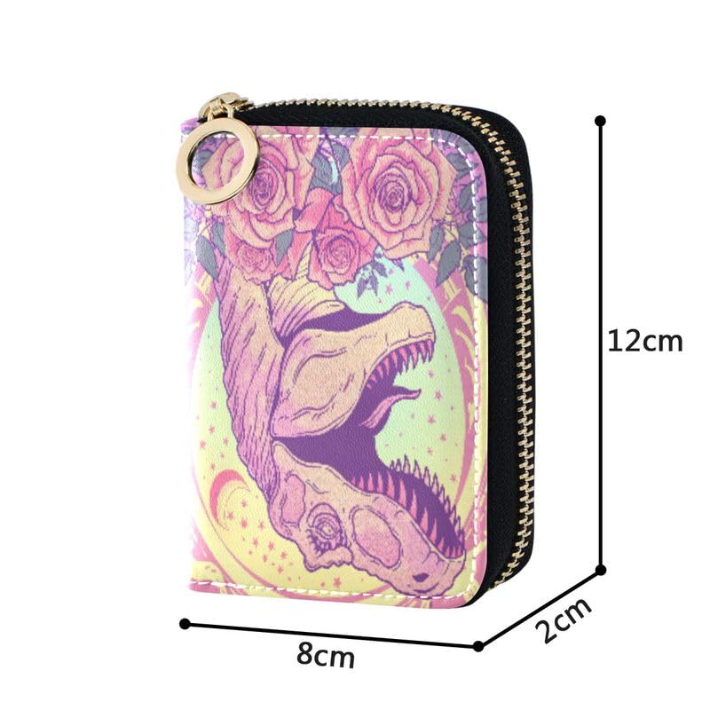 Pink Dinosaur Rose RFID Credit Card Holder Leather With Zipper Card Case Wallet for Women Girls4