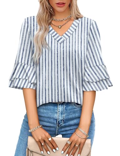 Image of OFEEFAN Spring Tops for Women Boho Shirts Fashion Clothing Cute 3 /4 Length Sleeve Blouses Dressy Casual Summer Outfits