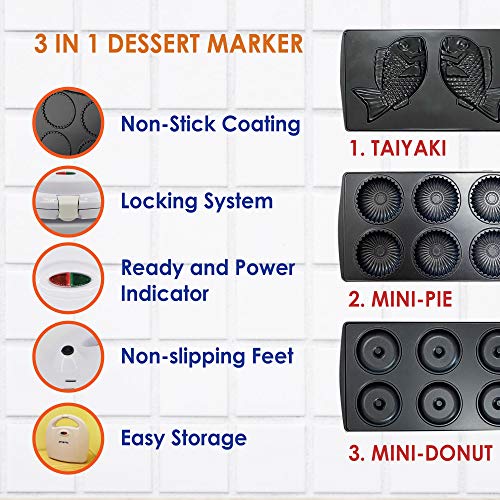 Mini-Donuts Maker, Mini-Pie and Quiche Maker, Taiyaki Maker – NEW 3 in 1 Three Slices Detachable Dessert Maker by StarBlue – White AC 110-120V 50/60Hz 700-800W by StarBlue - Image 2