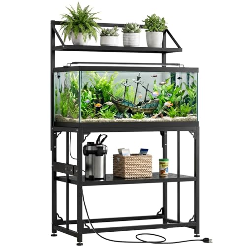 Image of Fish Tank Stand 40 Gallon 3 Layer, Metal Aquarium Stand with Power Outlet 36.5 inch L x 18.2 inch W x 56.2 inchH, 3-Layer Heavy-Duty Reptile Terrarium Stand, Suitable for Home and Office Use, 900LBS Capacity, Black (Tank not Included)